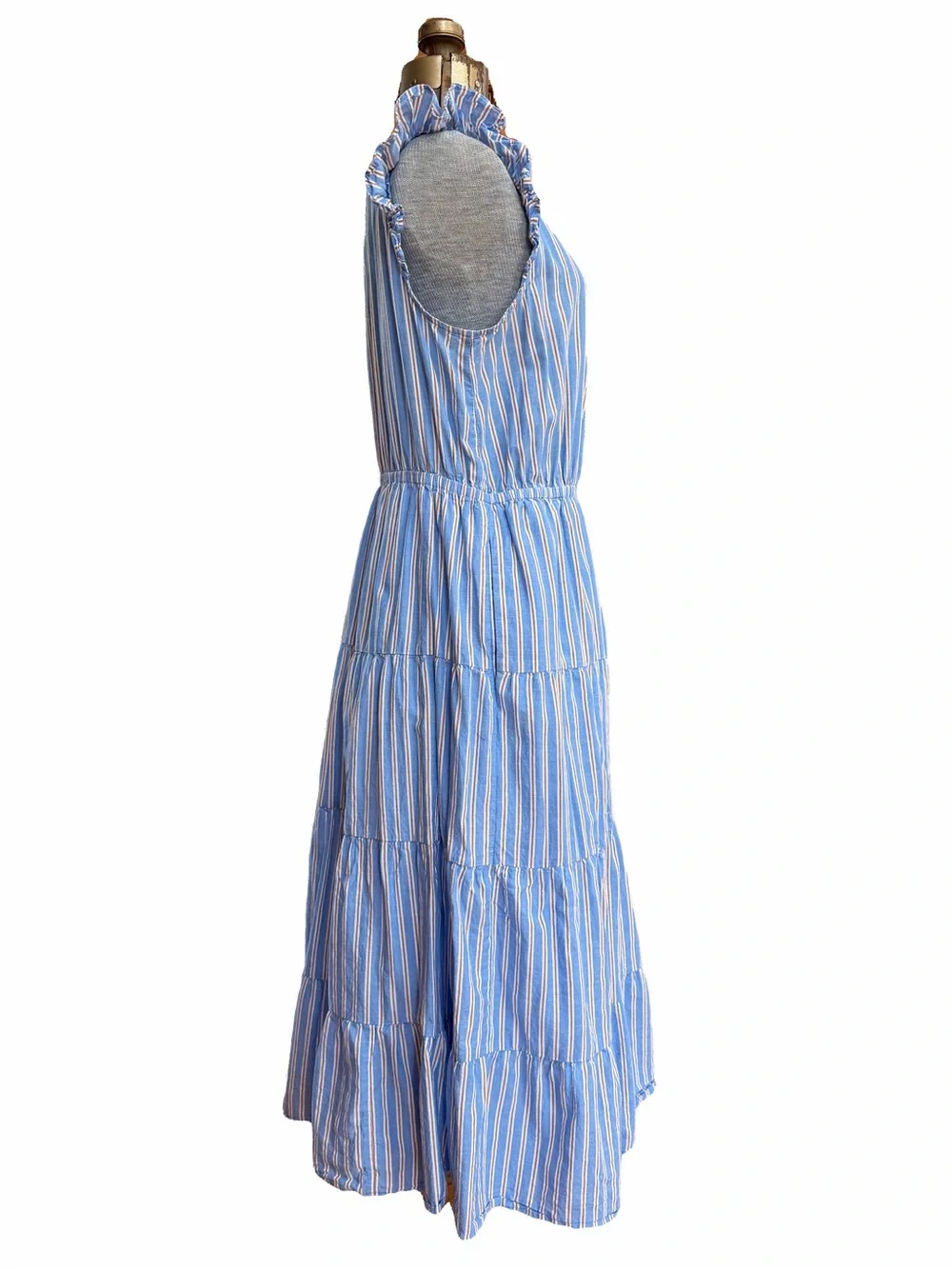 J. Crew V-Neck Cotton Ruffle Cap Sleeve Tiered Striped Midi Dress